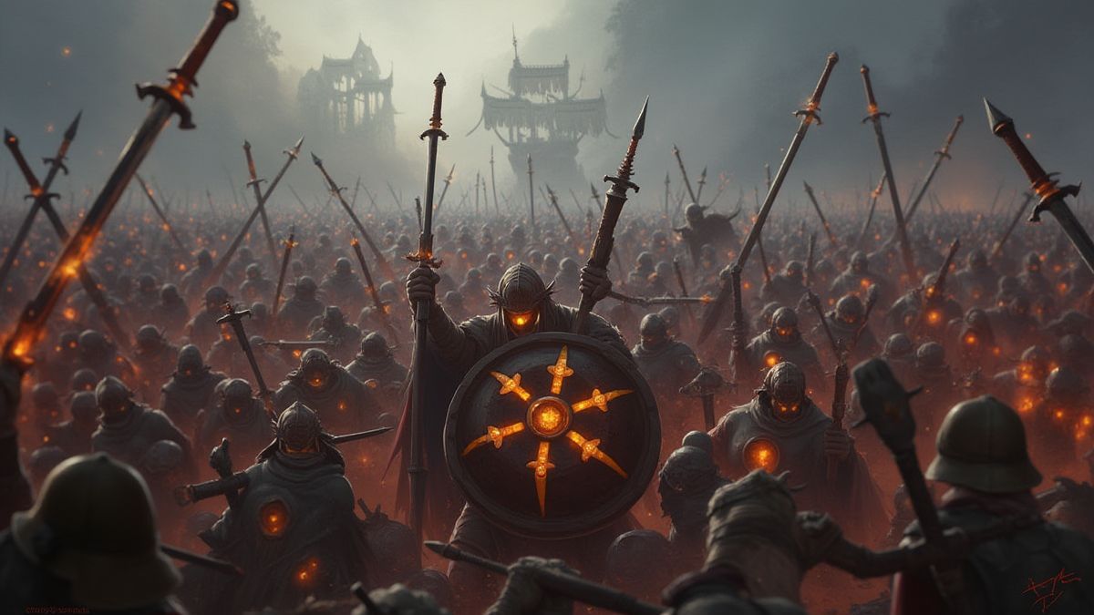 Nordisch inspiriertes Kunstwerk mit leuchtenden Schilden und Schwertern in einem epischen Schlachtfeld