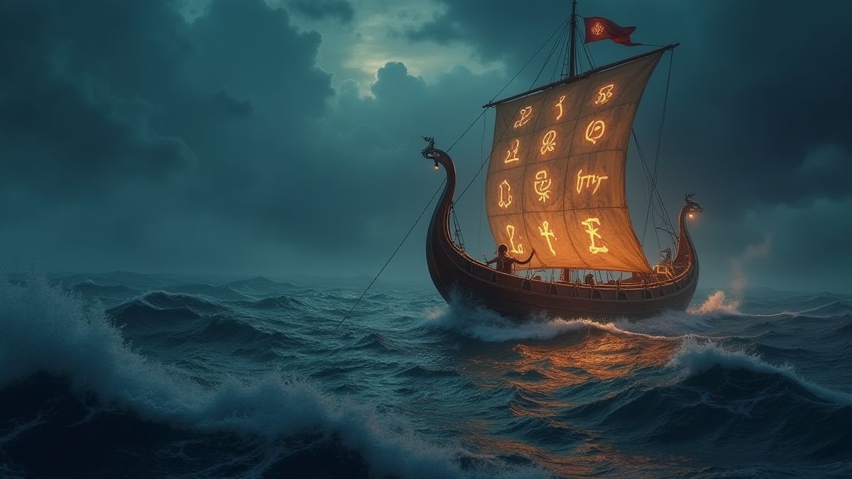 Ein Wikingerschiff umgeben von magischen Runen in einem stürmischen Meer.