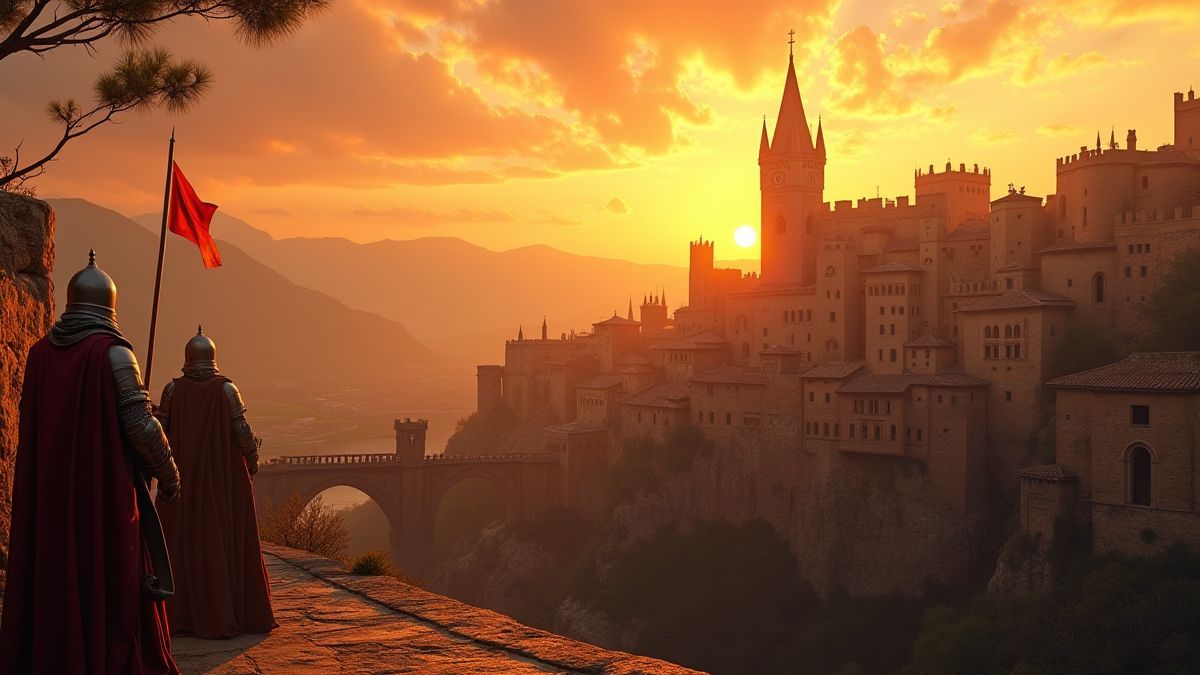 Paisaje medieval del Mediterráneo con caballeros y edificios históricos.