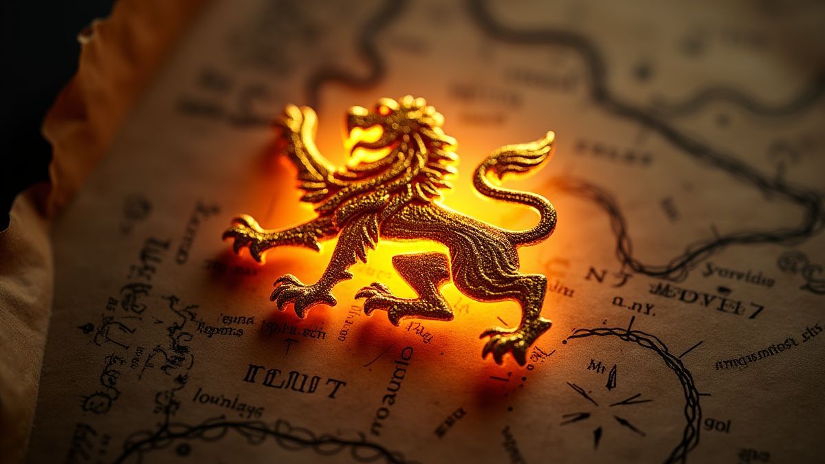 Símbolo de león dorado sobre un mapa medieval.