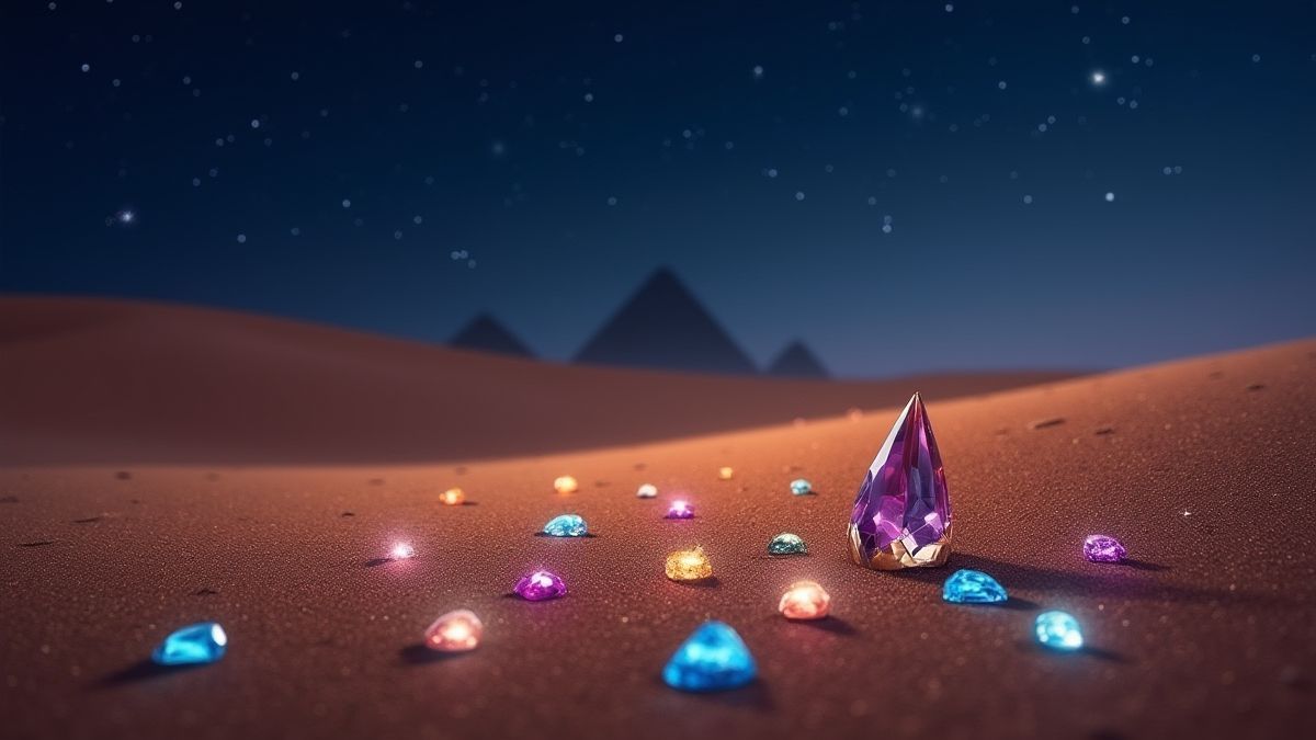 Desierto egipcio con gemas brillantes bajo un cielo estrellado.