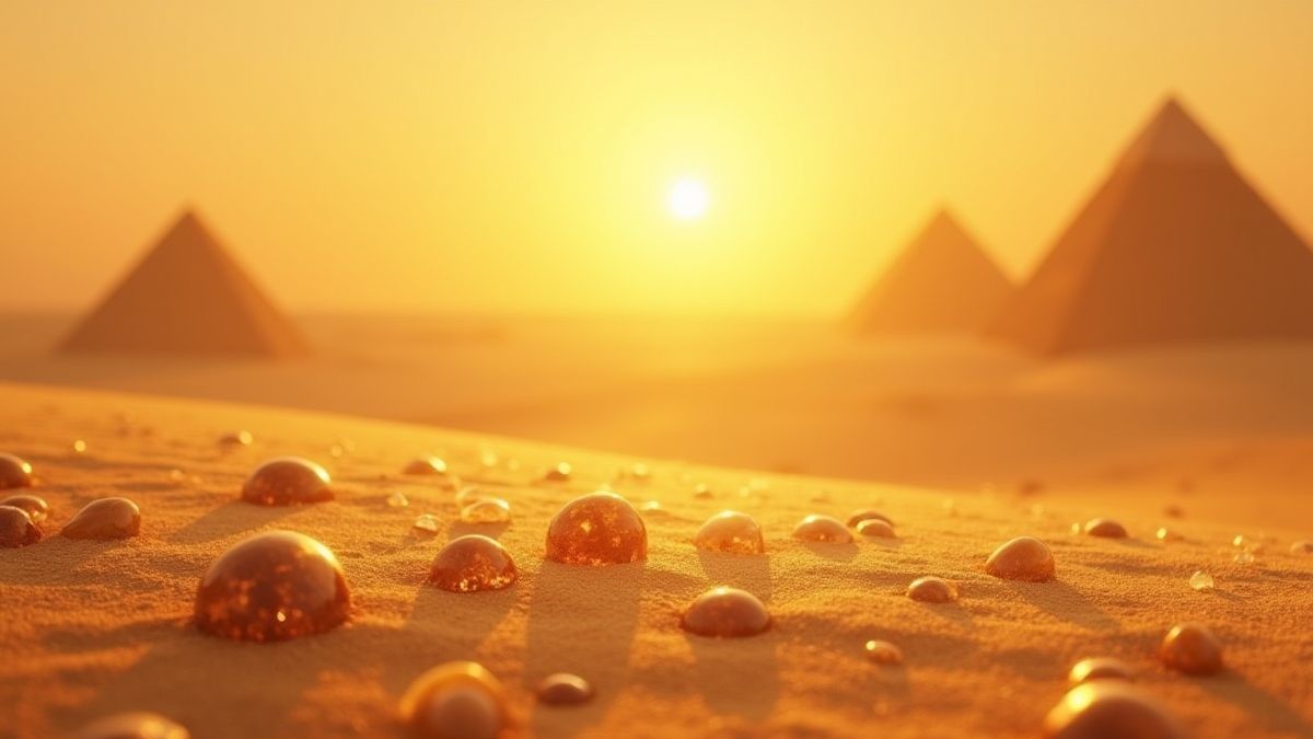 Desierto dorado con pirámides y gemas brillantes dispersas.