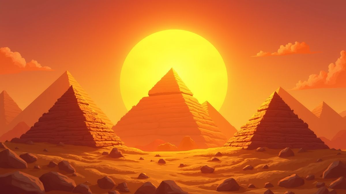 Golden pyramids under a glowing sunset.