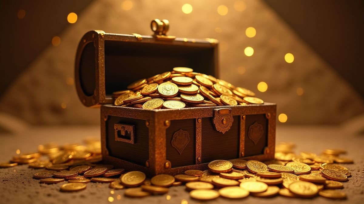 Treasure chest full of gold coins inside a pyramid.