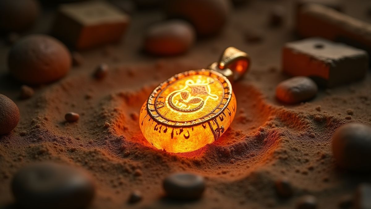 Glowing Egyptian amulet surrounded by sand and ancient artifacts.