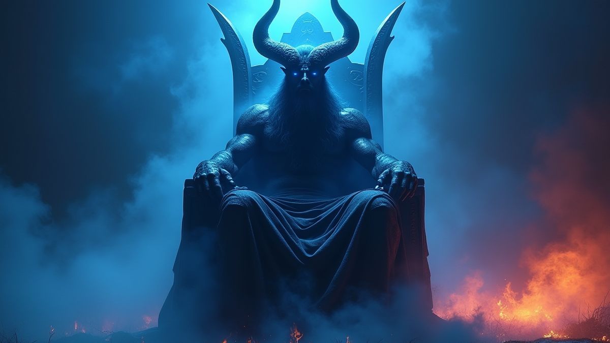 Hades em um trono rodeado de névoa azul e chamas.