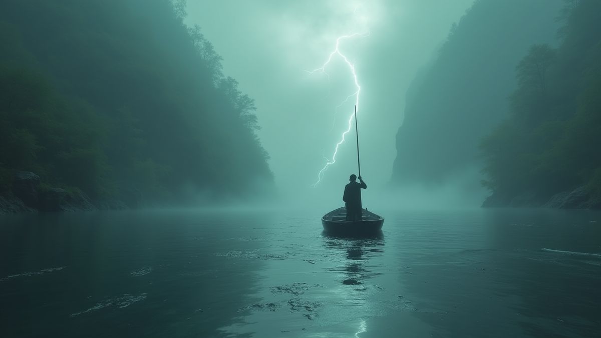 O rio Estige com um barqueiro levando almas através de águas nebulosas.