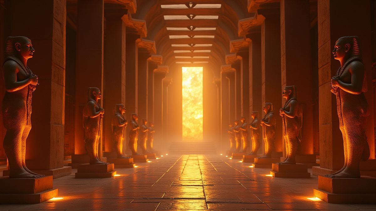 Innenansicht eines ägyptischen Tempels mit leuchtenden Hieroglyphen und goldenen Statuen.