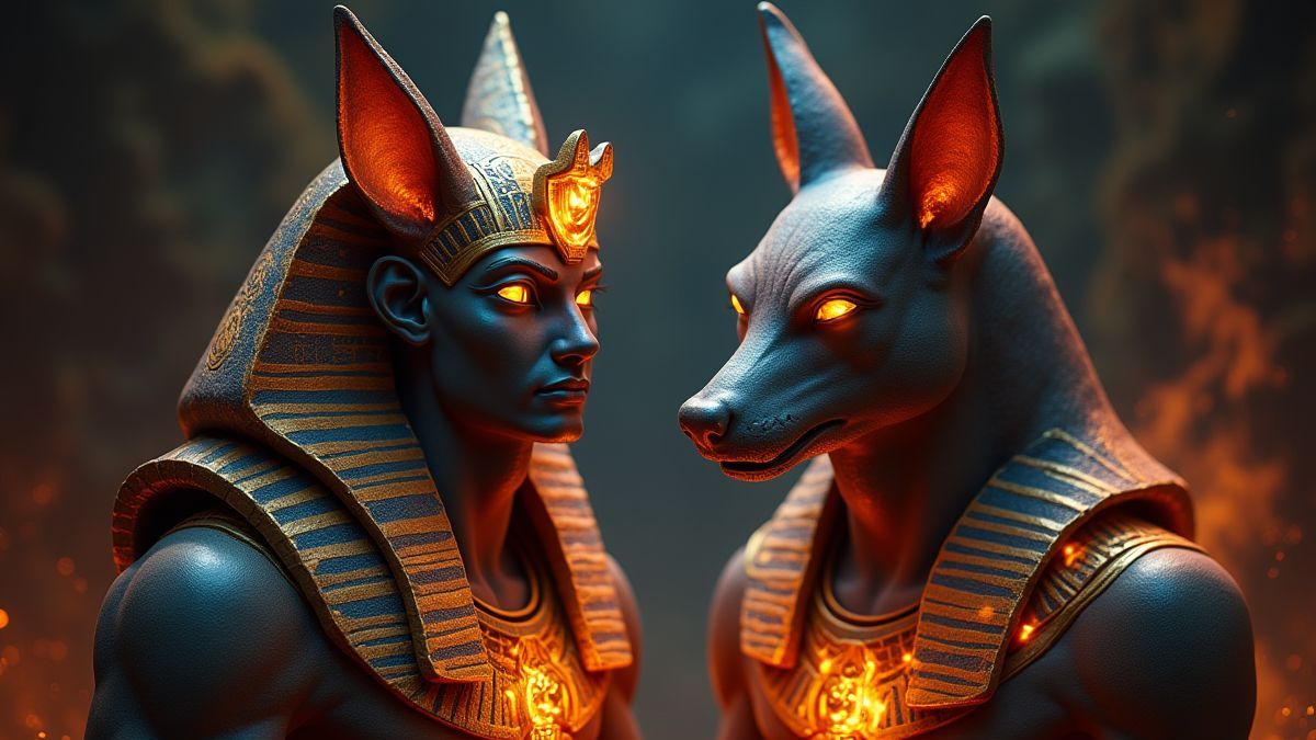 Mystische Darstellung der ägyptischen Götter Horus und Anubis.