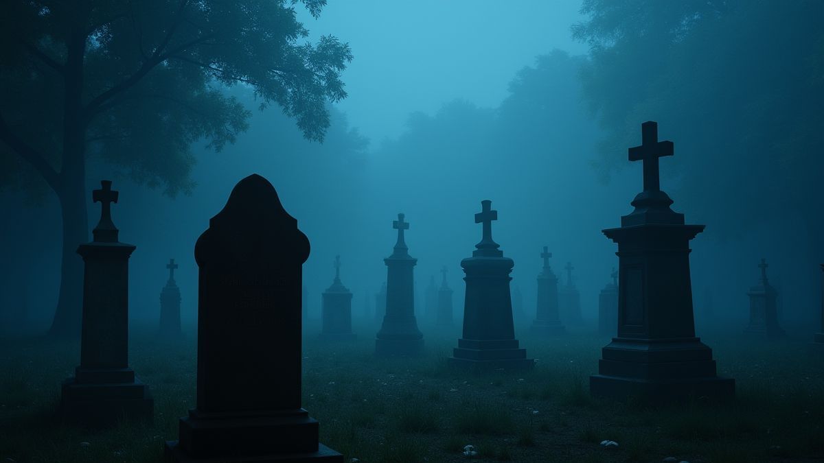Cimetière enveloppé dans la brume avec des tombes lumineuses