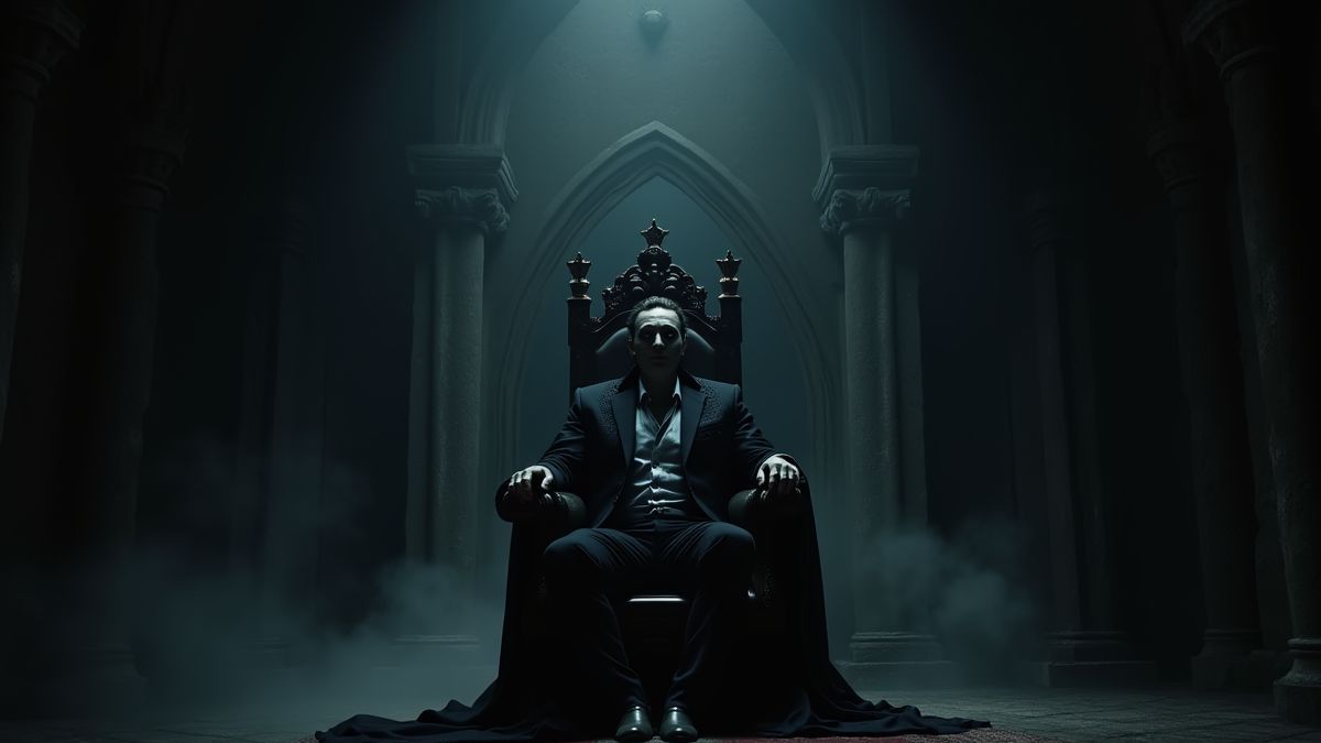 Vampire assis sur un trône dans un château sombre
