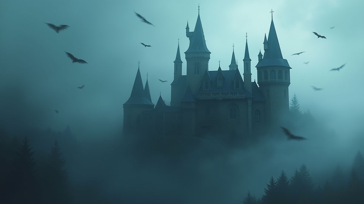 Un castillo gótico rodeado de niebla y murciélagos revoloteando.