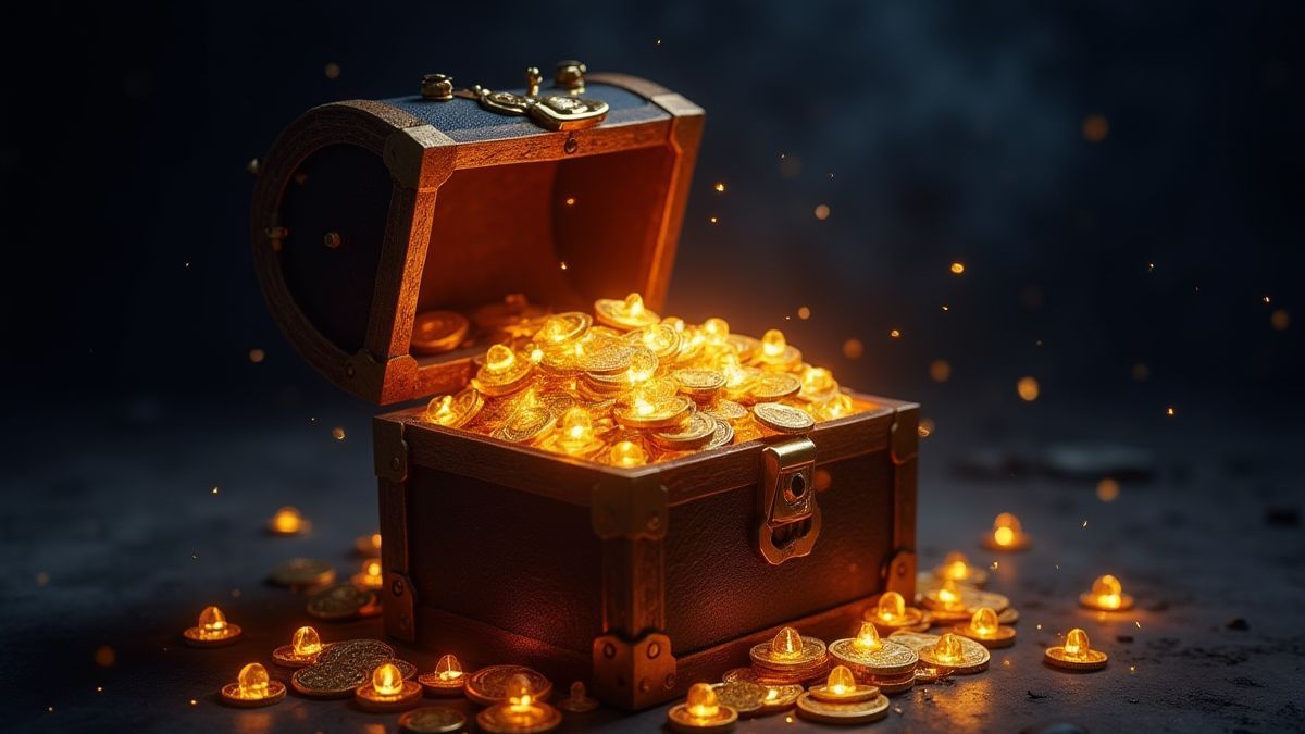 Un coffre du trésor rempli de pièces d'or et de bijoux brillants dans l'obscurité.