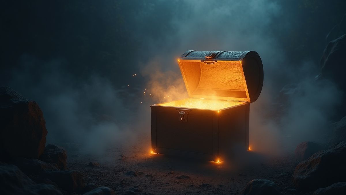 Eine leuchtende Schatztruhe, umgeben von unheimlichem Nebel in einer dunklen gotischen Umgebung.
