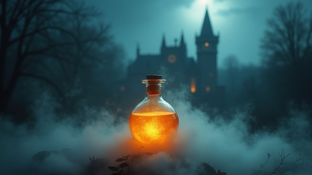 Eine leuchtende Trankflasche, umgeben von Nebel, mit einer gotischen Burg im Hintergrund.
