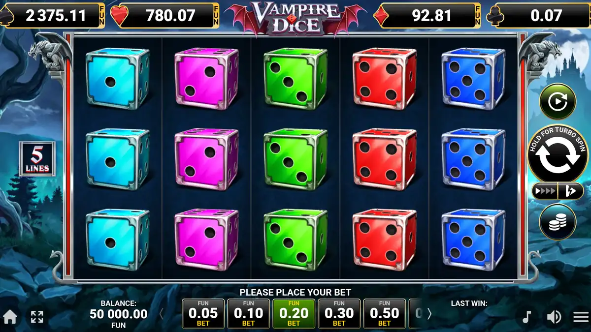 Jeu de base Vampire Dice sur une grille 5x3 avec cinq lignes fixes et les compteurs Jackpot Cards