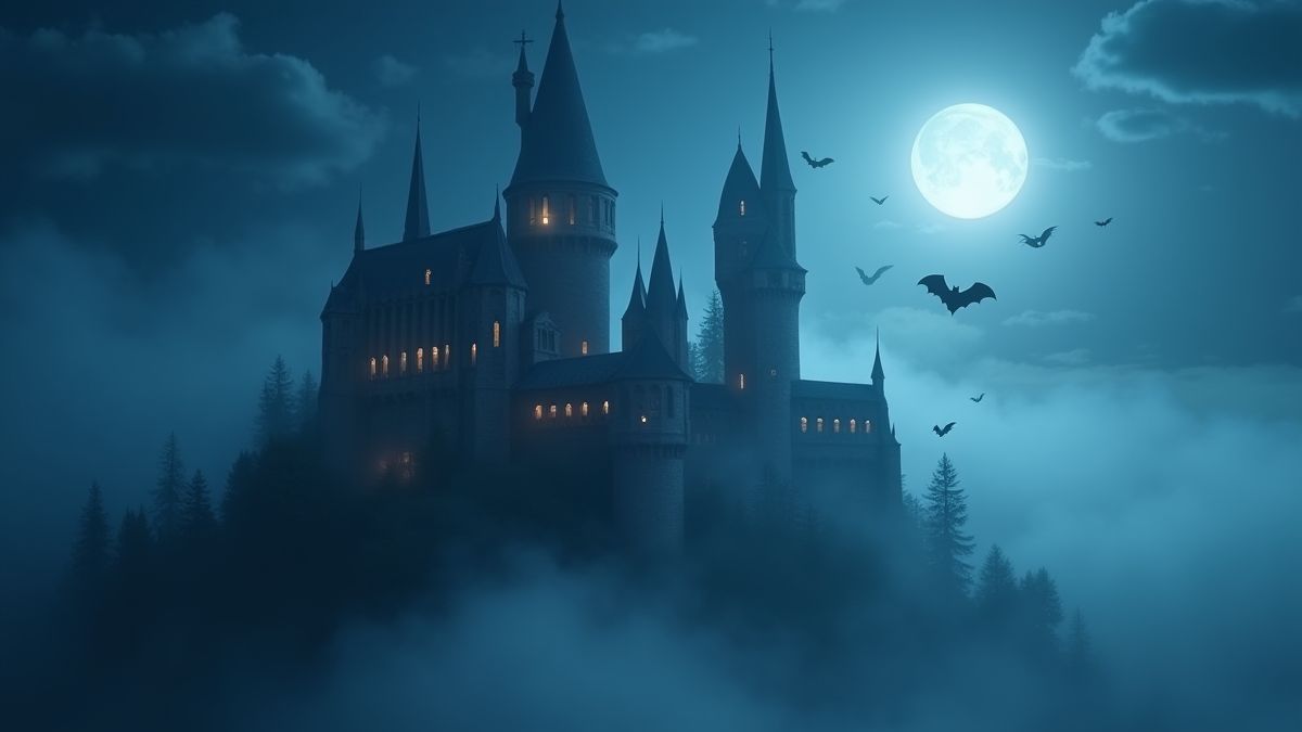 Ein Schloss umgeben von nächtlichem Nebel mit Fledermäusen, die herumfliegen.