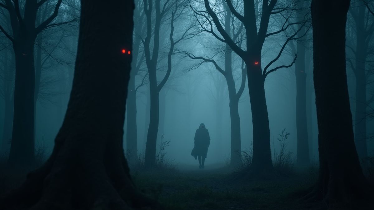 A dark forest with glowing eyes and a vampire figure.