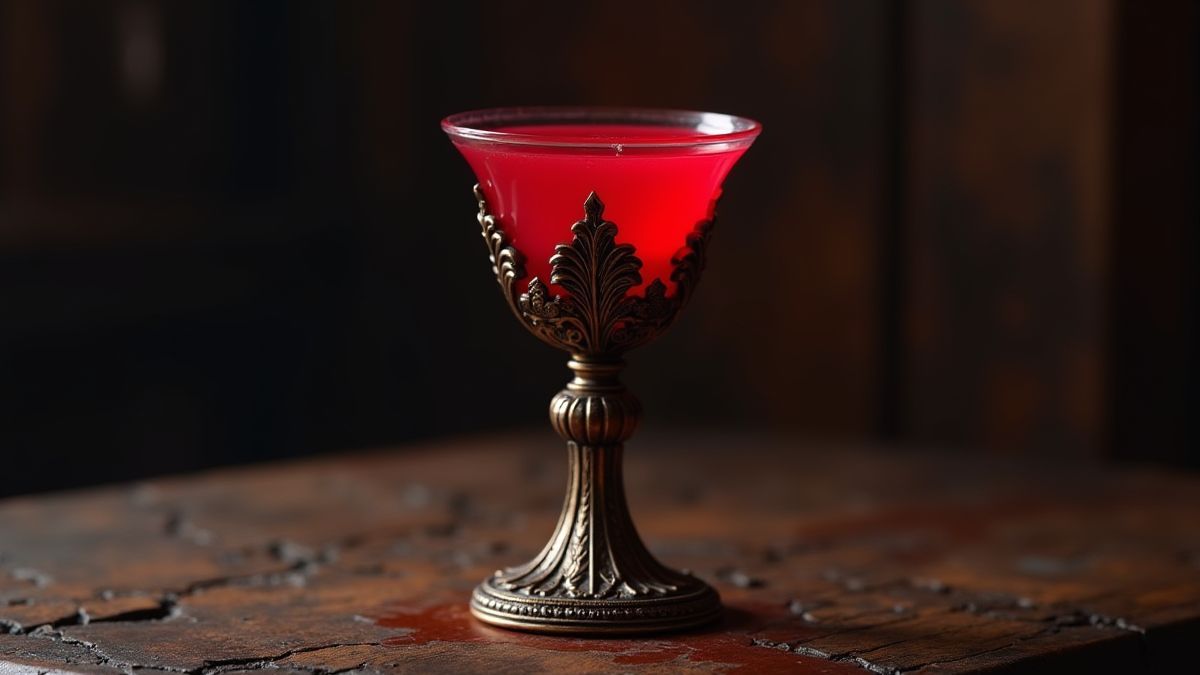 Vampire chalice with glowing red liquid.