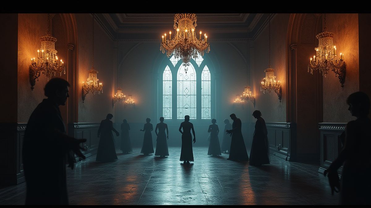 Gothic ballroom with vampires dancing.