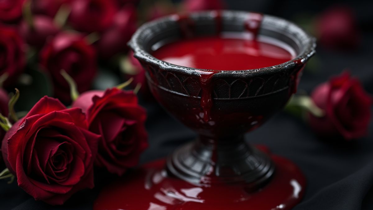 Una copa gótica derramando líquido rojo, rodeada de rosas oscuras.