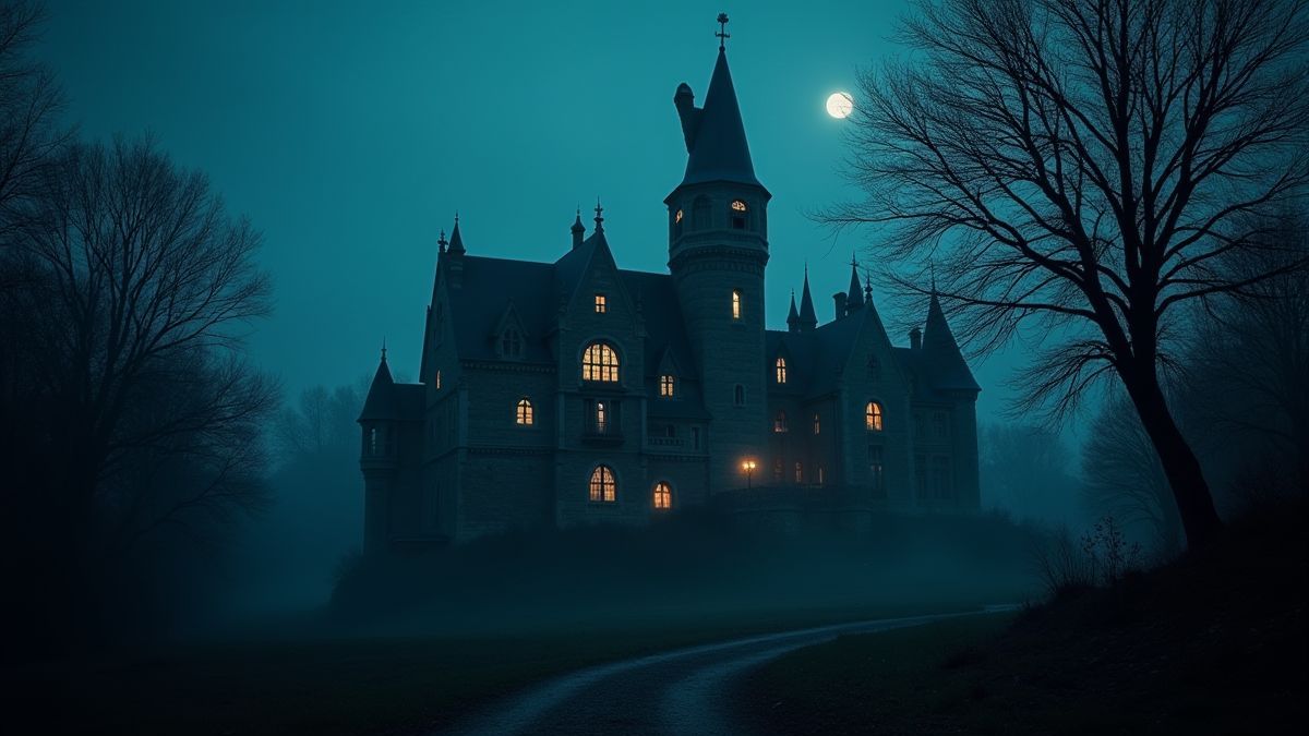 Un castillo embrujado con ventanas iluminadas por la noche, rodeado de árboles oscuros.