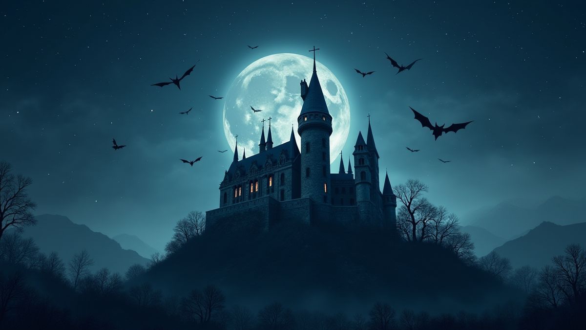 Un castillo vampírico rodeado por murciélagos en una noche estrellada.