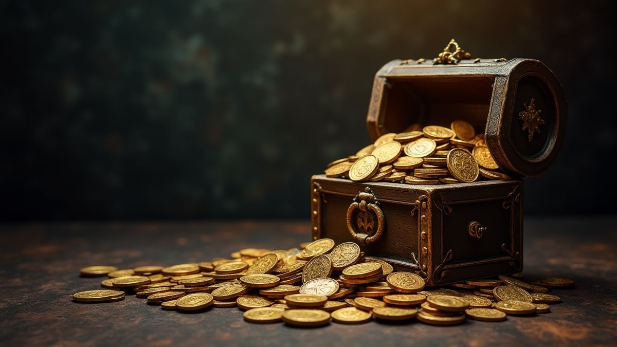 Monedas y tesoros en una habitación de temática gótica.