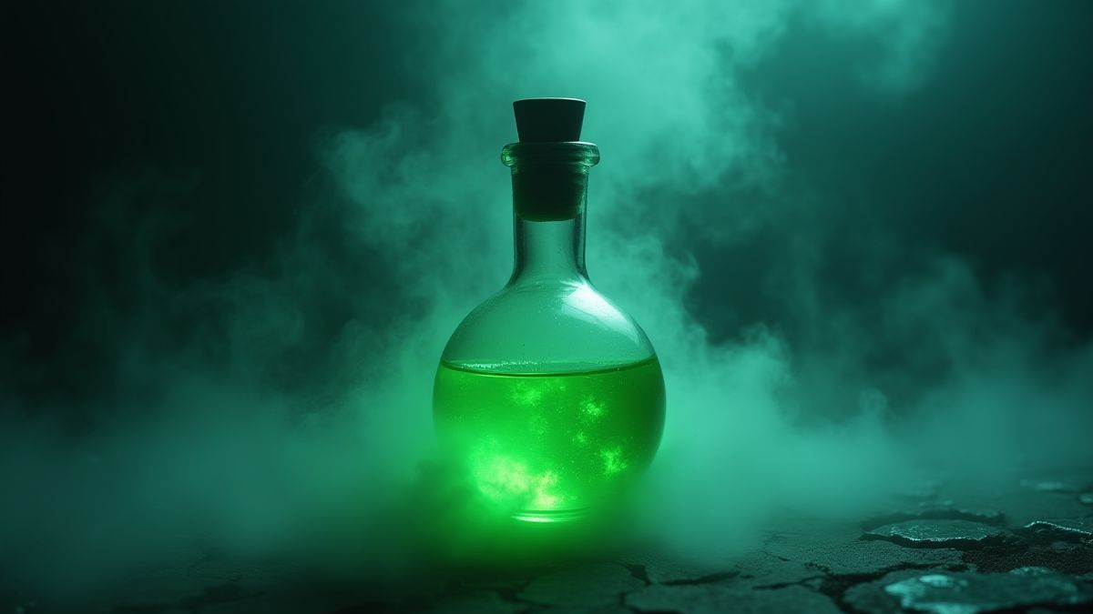 Bouteille de potion verte brillante dans un environnement gothique.