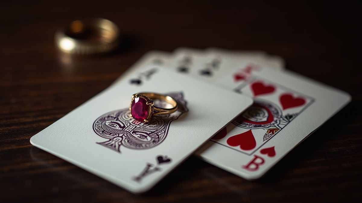 Cartes à jouer à côté d'un anneau en rubis sur une table sombre.