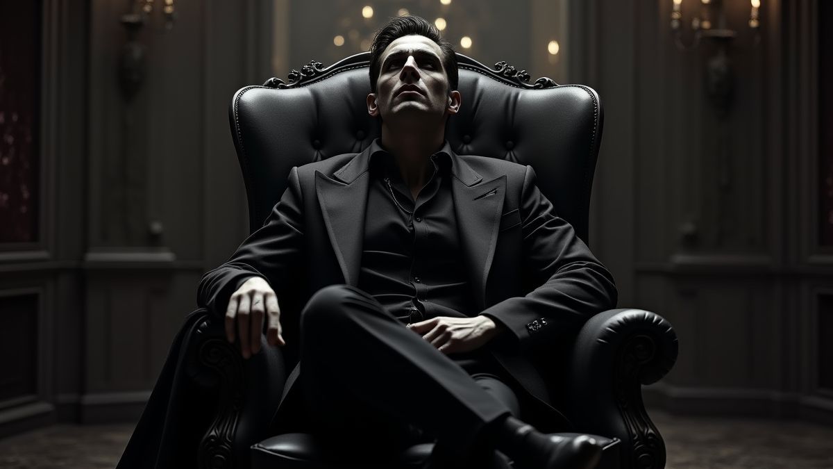 Um vampiro elegante em uma cadeira luxuosa dentro de uma mansão gótica.