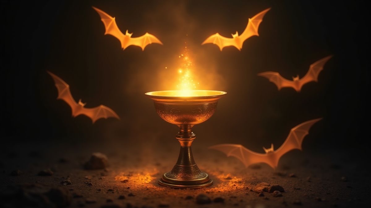 Um cálice dourado rodeado de morcegos brilhantes e uma aura mística.