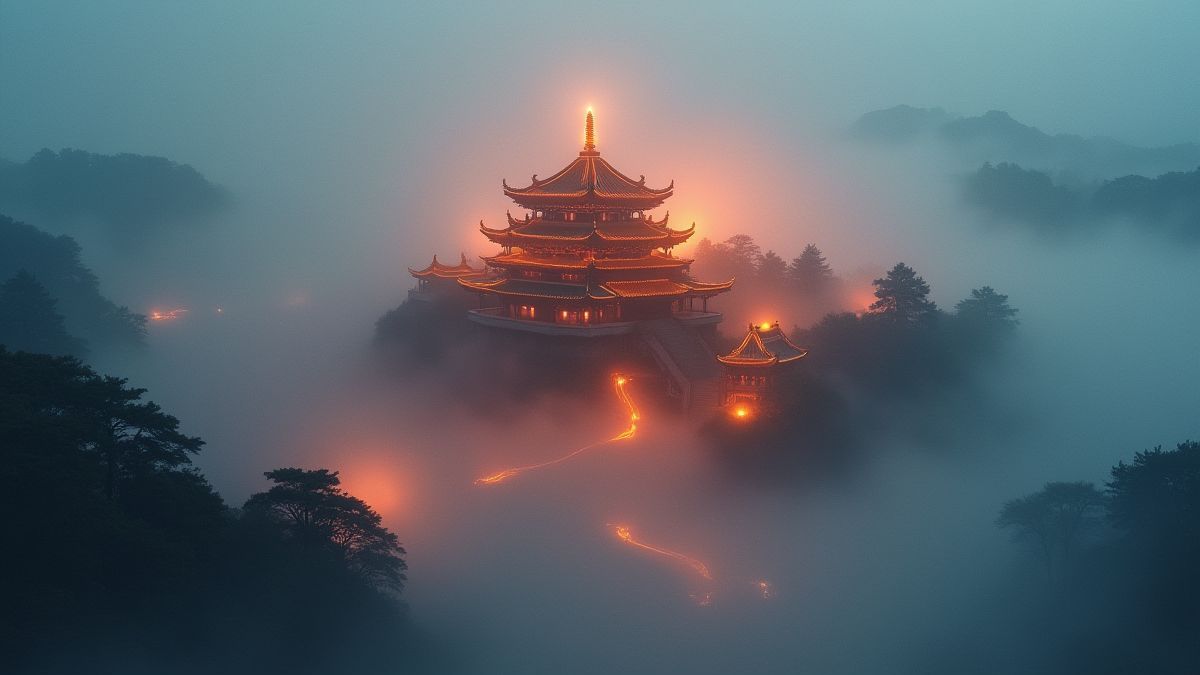 Un templo chino rodeado de niebla mística.