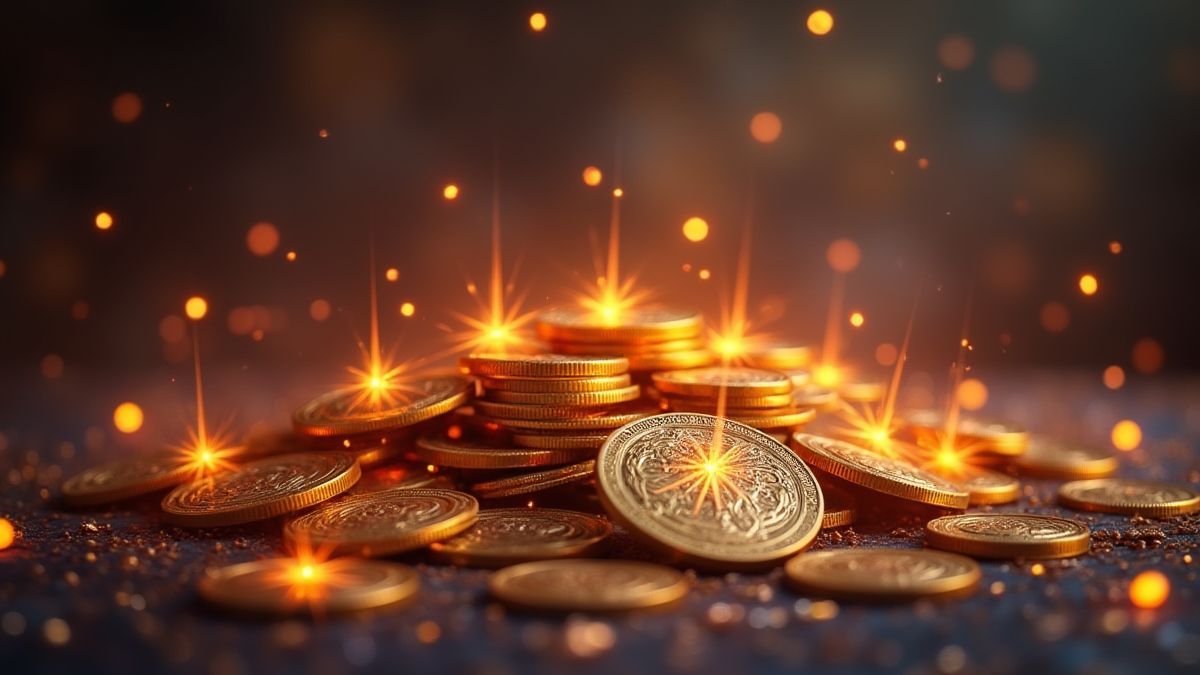 Monedas y símbolos brillantes en un entorno asiático.