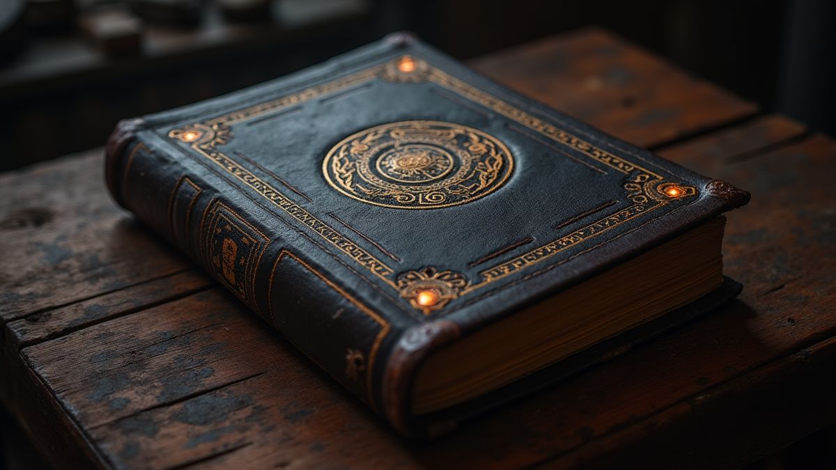 Libro oscuro con runas brillantes sobre una mesa de madera antigua.
