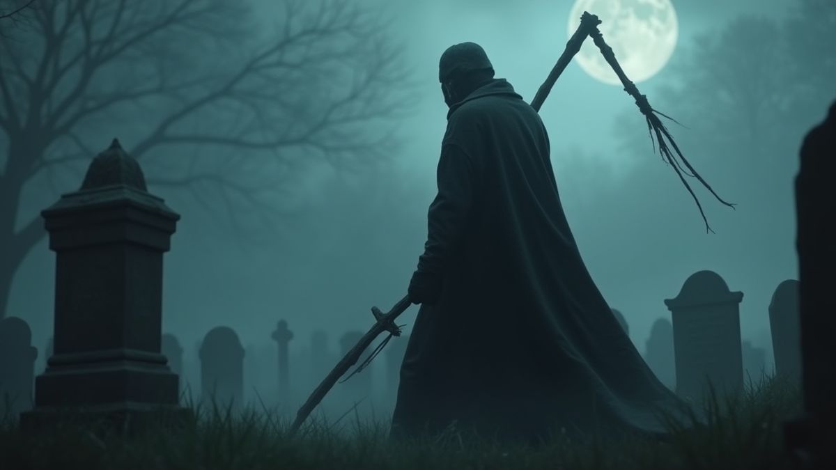 Cazador de vampiros con una estaca de madera en un cementerio lleno de niebla.