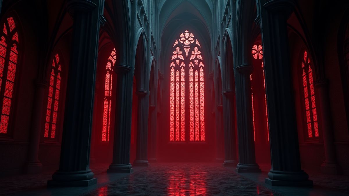 Catedral gótica con ventanas de vitrales que brillan en rojo.