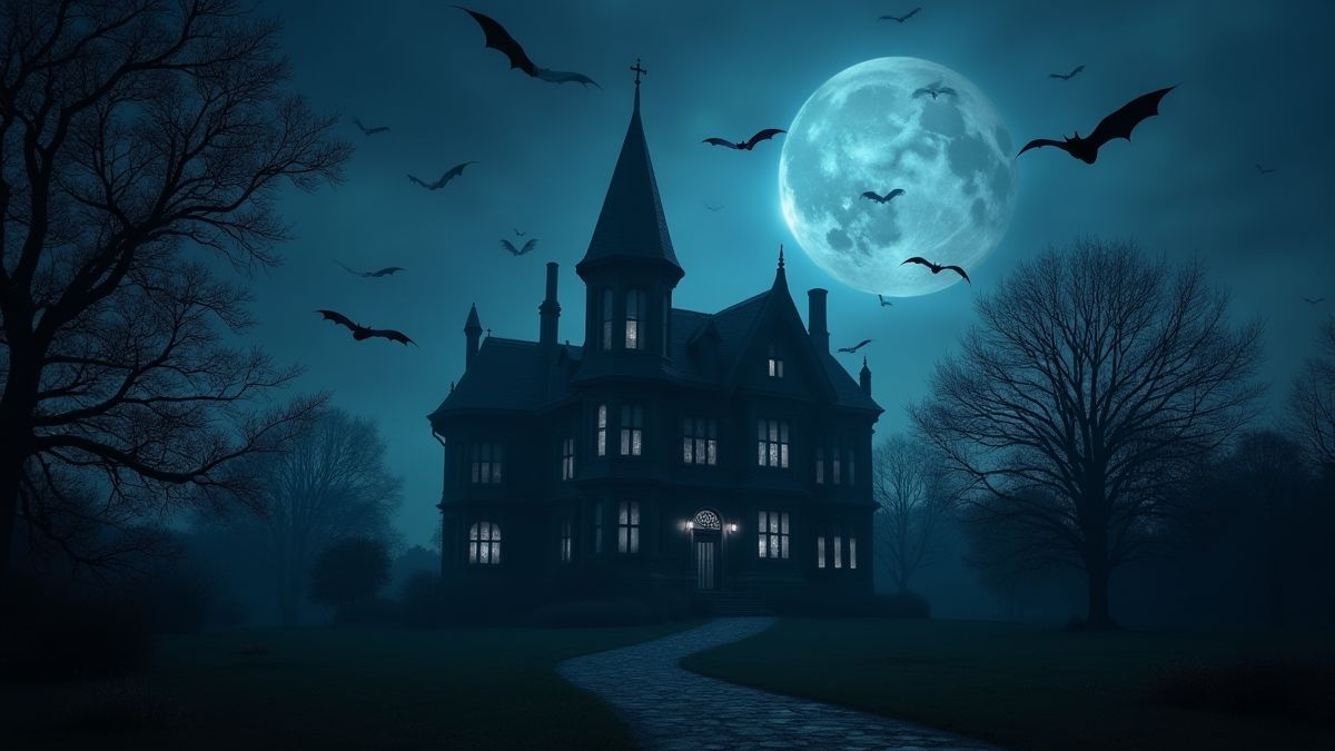 Chauves-souris volant au-dessus d'une maison gothique pendant une nuit noire
