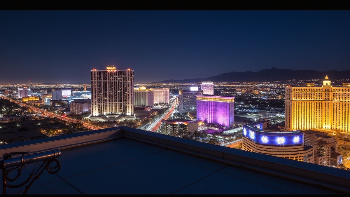 An ornamented rooftop overlooking Las Vegas at night.