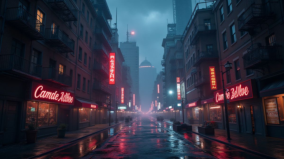 A gothic city illuminated by neon lights.