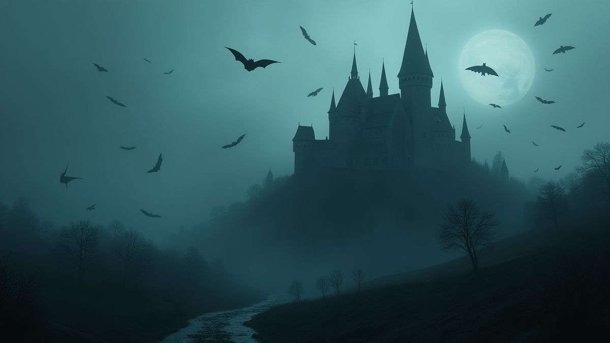 A gothic castle surrounded by bats and fog.