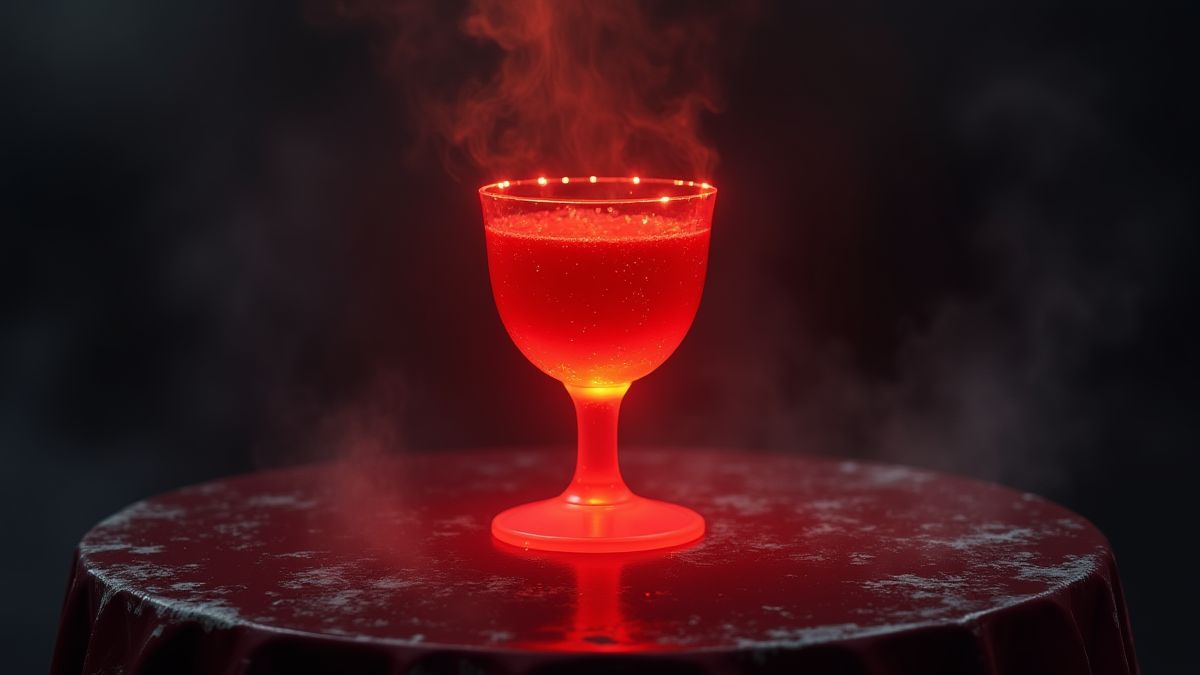 A red goblet filled with mysterious liquid on a gothic table.