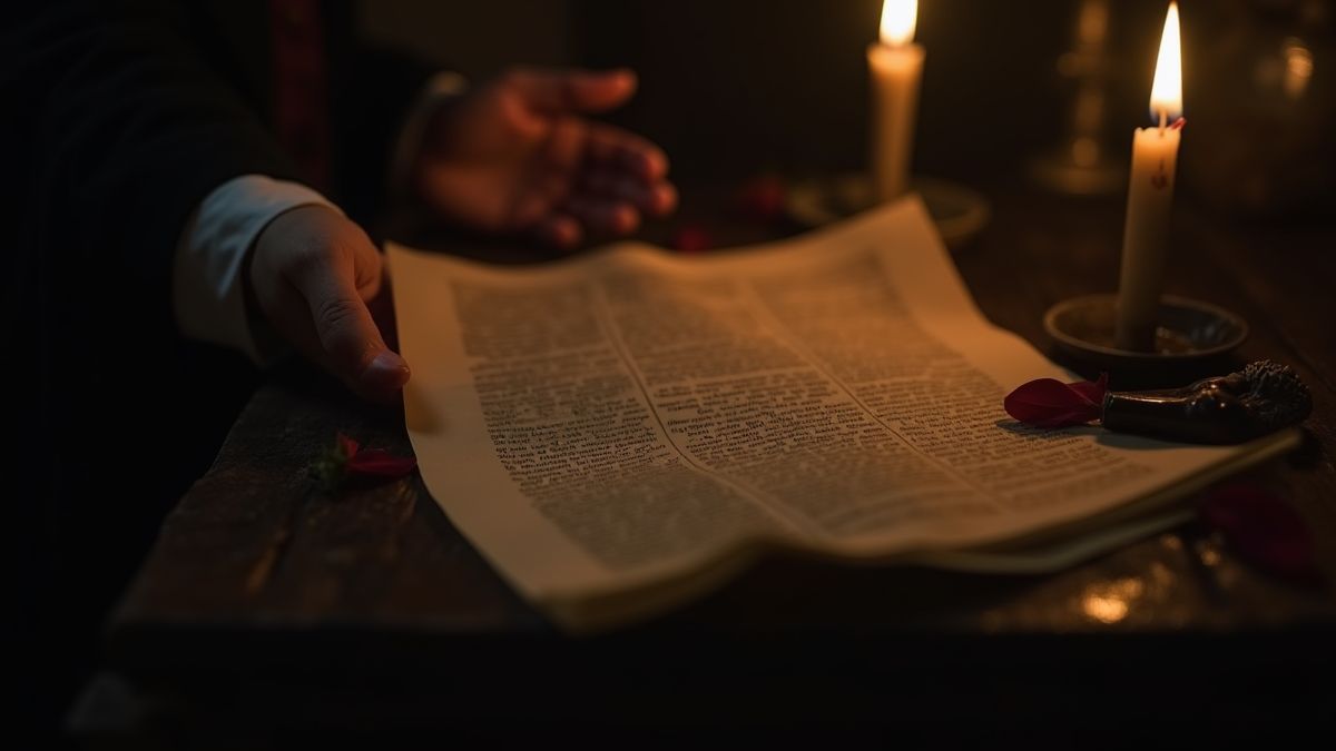 A vampire's hand holding an ancient scroll under the candlelight.