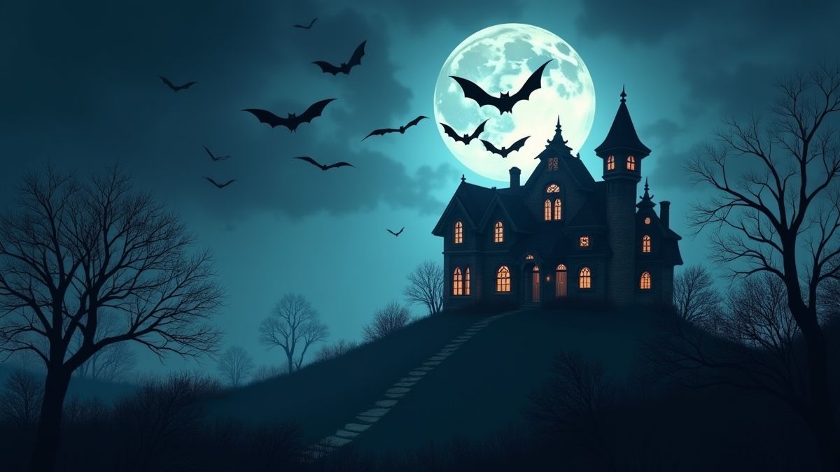 Bats flying over a haunted mansion under the full moon.