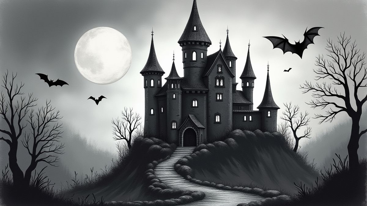 Un château gothique avec des chauves-souris volant sous une pleine lune.