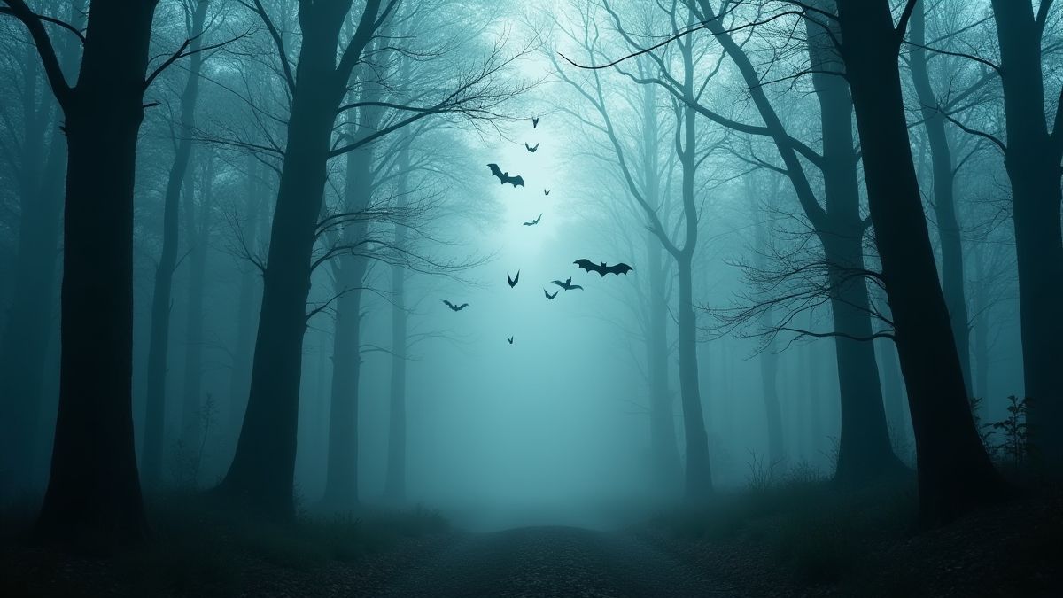 Une forêt sombre avec de la brume et des chauves-souris volant.