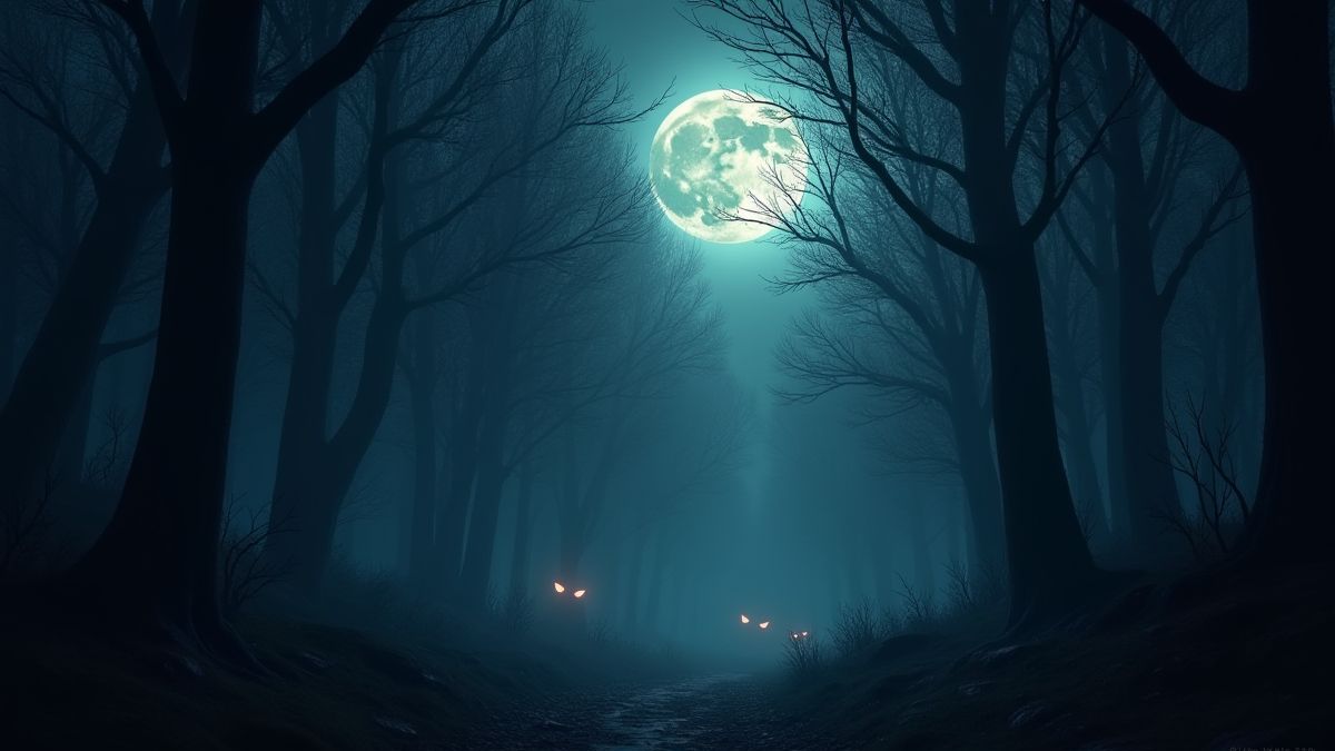 Floresta encantada com olhos brilhando das sombras sob a luz da lua cheia.