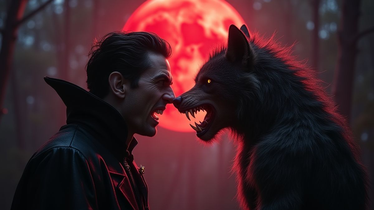 Vampiro e homem lobo se enfrentando sob uma lua vermelha.