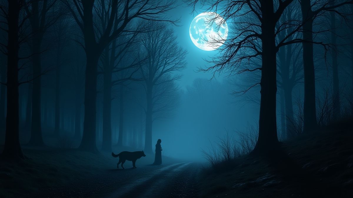Mystischer Wald, beleuchtet vom Mondlicht, mit Schatten eines Vampirs und eines Werwolfs.
