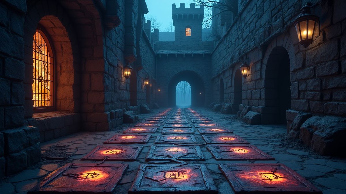 Spielbrett in einem verfluchten Schloss mit geheimnisvollen Wegen und leuchtenden Belohnungen.